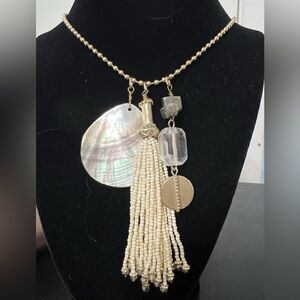 Long Chain Necklace Chicos Gold Tone Shell Tassel Mineral Glass Charms Coastal